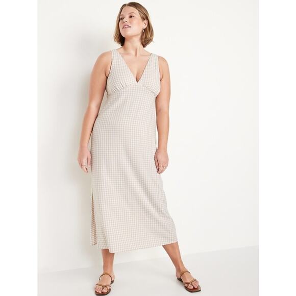 Old Navy Sleeveless Linen-Blend Smocked Tie-Back Gingham Maxi Shift Dress - Picture 1 of 9
